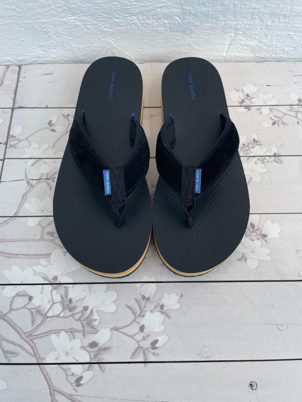 Tory Burch Black Flip Flops with Subtle Rainbow Edge